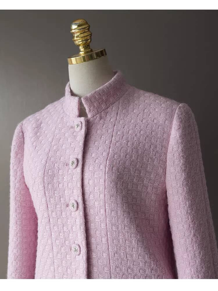 Spring and Autumn Little  Style Socialite Elegant Suit Women's Coat Wide-Leg Mid-Length Pants Wool Tweed High-End Pink Two-Piece Set