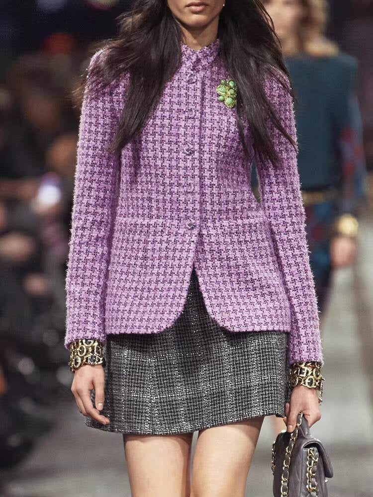 Autumn Winter New High-End Little  Style Wool Coat for Women Purple Plaid Soft Tweed Small Stand Collar Top Socialite Women's Clothing