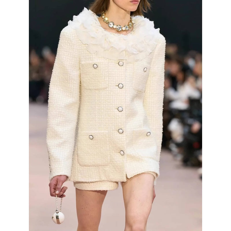 Style White Tweed Suit for Women, Autumn Winter, Socialite Jacket Shorts, Slimming and Elegant High-End Women's Clothing