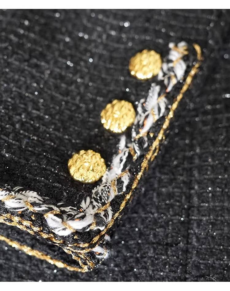 Little  Black Long Style Elegant Coat for Women Mid-Length Metal Buckle Decorated Wool Tweed