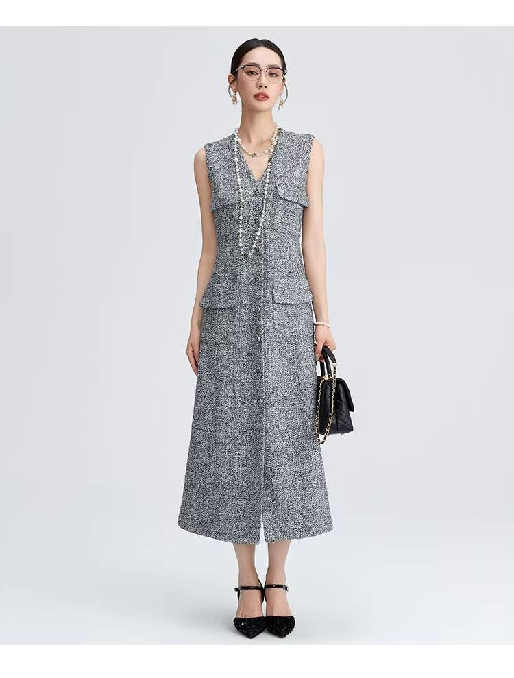 Spring Summer Little  Style Women Mid-Length High-End Modern Gray Slim Fit Tweed Vest Dress Women's Clothing