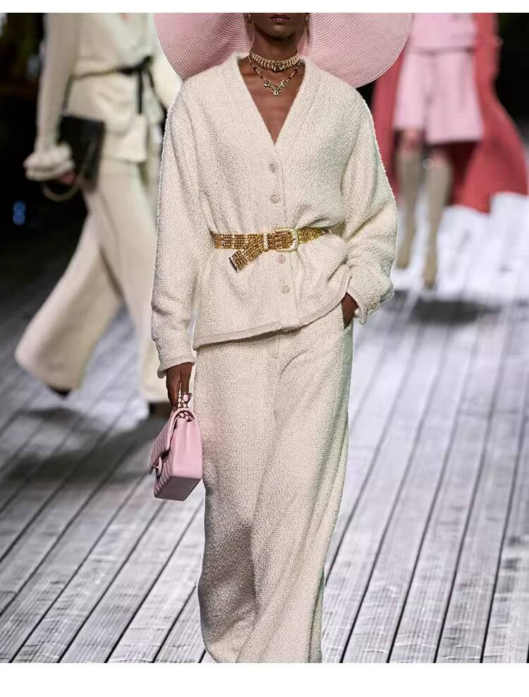 Autumn Winter New Off-White Wool Coat Wide-Leg Bathrobe Tweed Top Pants Socialite Celebrity Style Set