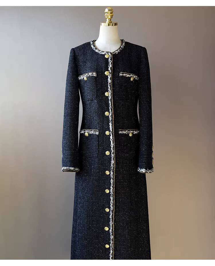Little  Black Long Style Elegant Coat for Women Mid-Length Metal Buckle Decorated Wool Tweed
