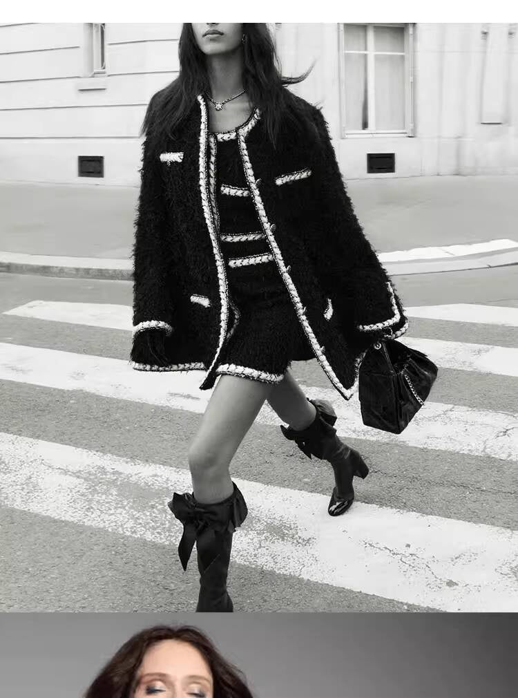 Wool Tweed Coat Women's Dress Black Gold Button Color-Block Suit Slimming Fashion Rich Girl Style
