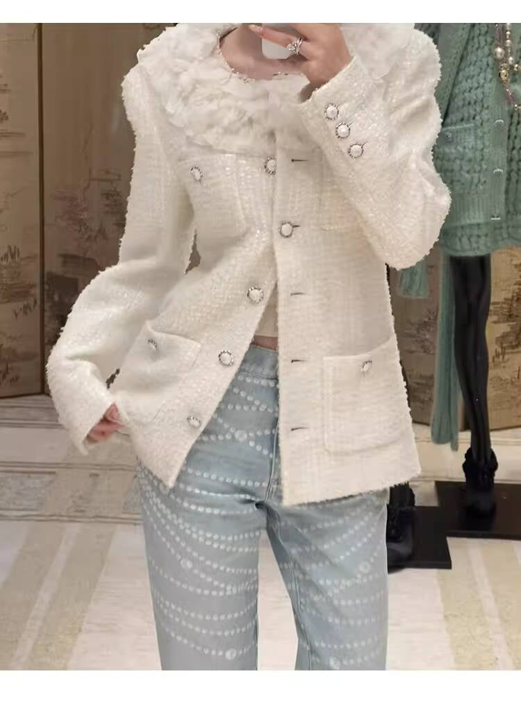 Style White Tweed Suit for Women, Autumn Winter, Socialite Jacket Shorts, Slimming and Elegant High-End Women's Clothing