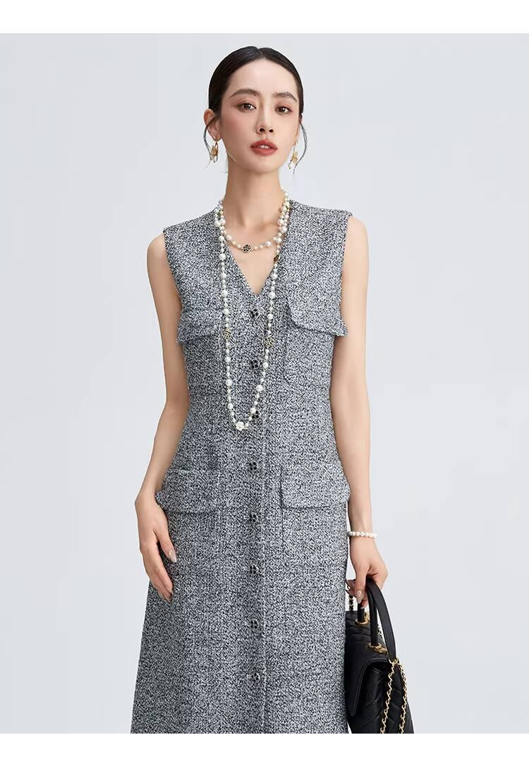 Spring Summer Little  Style Women Mid-Length High-End Modern Gray Slim Fit Tweed Vest Dress Women's Clothing