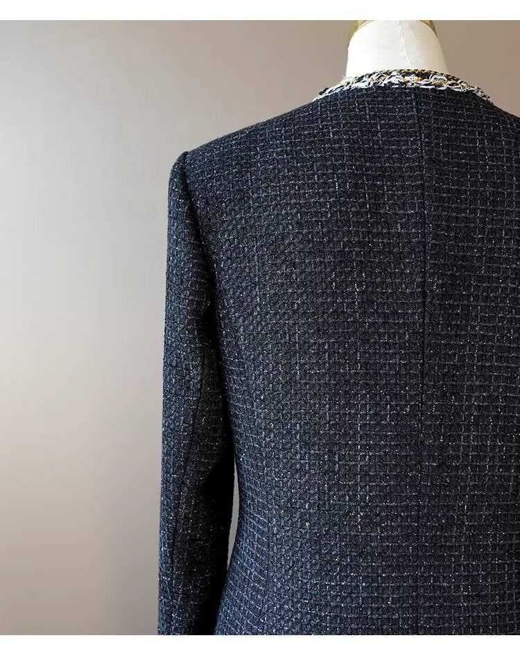 Little  Black Long Style Elegant Coat for Women Mid-Length Metal Buckle Decorated Wool Tweed