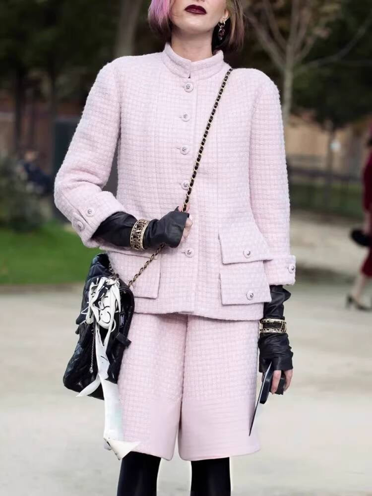 Spring and Autumn Little  Style Socialite Elegant Suit Women's Coat Wide-Leg Mid-Length Pants Wool Tweed High-End Pink Two-Piece Set