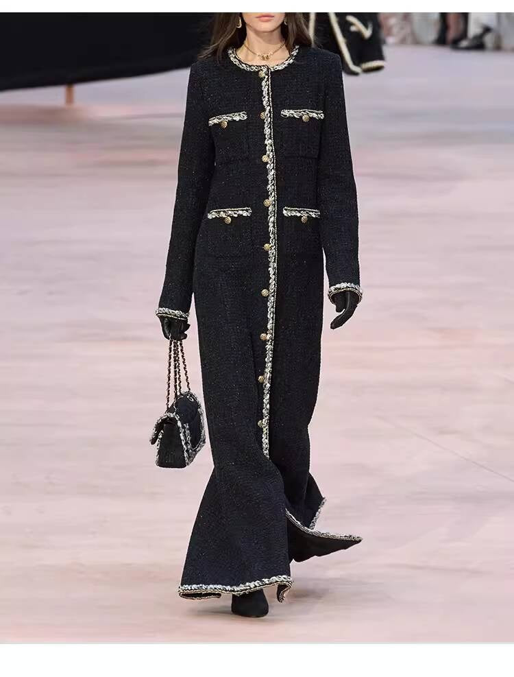 Little  Black Long Style Elegant Coat for Women Mid-Length Metal Buckle Decorated Wool Tweed