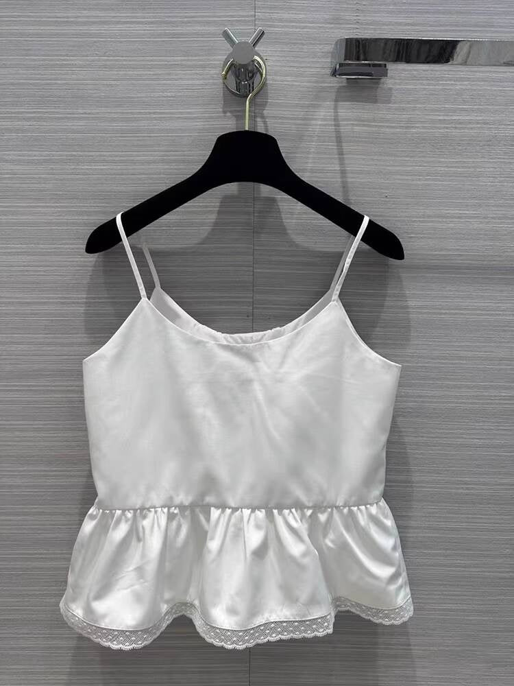 Summer New Little  Style Camisole for Women, Waist-Cinching, Slimming, Age-Reducing, Versatile Lace Trim, Pearl Dot Rhinestone Buckle Small Vest