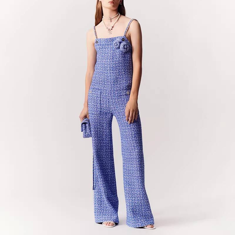High-End -Style Jumpsuit for Women, Blue Spring and Autumn Strap Jumpsuit, Wide-Leg Long Pants, Tweed Unique Women's Clothing