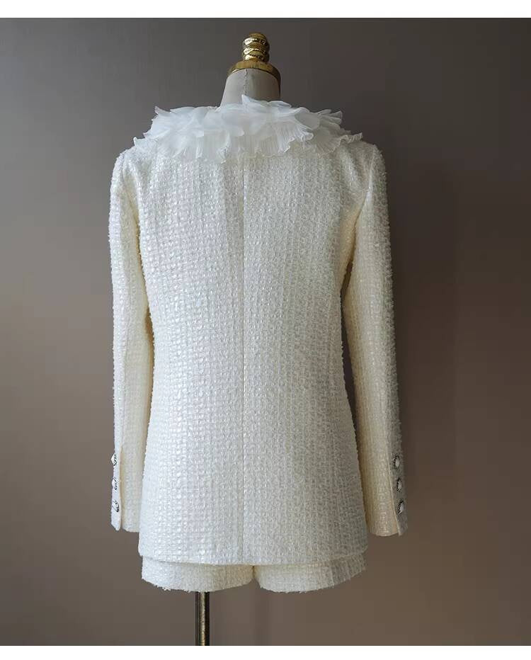 Style White Tweed Suit for Women, Autumn Winter, Socialite Jacket Shorts, Slimming and Elegant High-End Women's Clothing