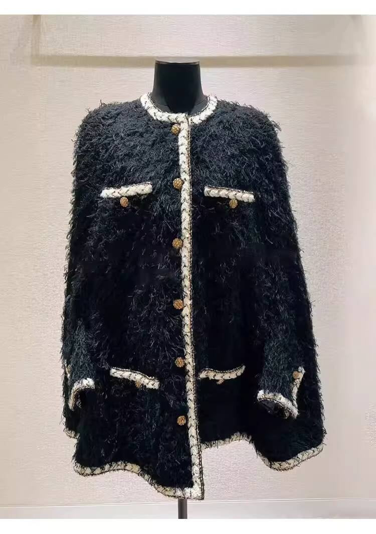 Wool Tweed Coat Women's Dress Black Gold Button Color-Block Suit Slimming Fashion Rich Girl Style