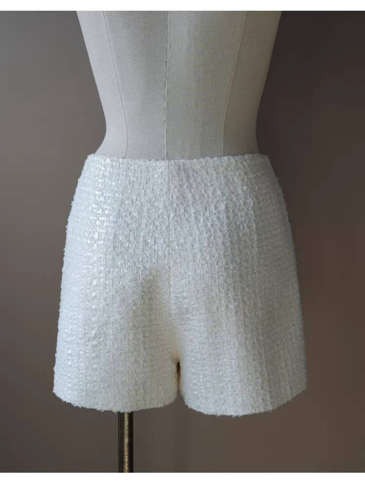 Style White Tweed Suit for Women, Autumn Winter, Socialite Jacket Shorts, Slimming and Elegant High-End Women's Clothing