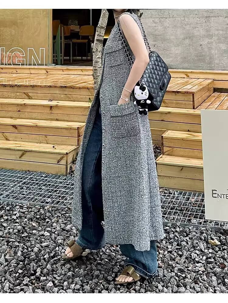 Spring Summer Little  Style Women Mid-Length High-End Modern Gray Slim Fit Tweed Vest Dress Women's Clothing