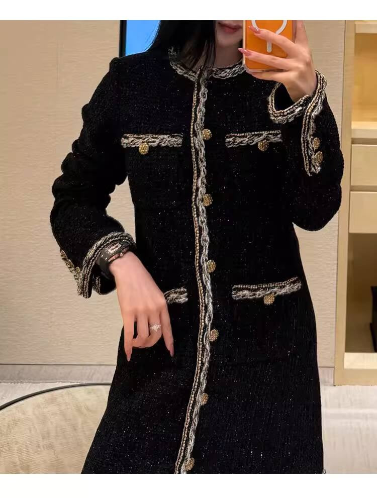 Little  Black Long Style Elegant Coat for Women Mid-Length Metal Buckle Decorated Wool Tweed