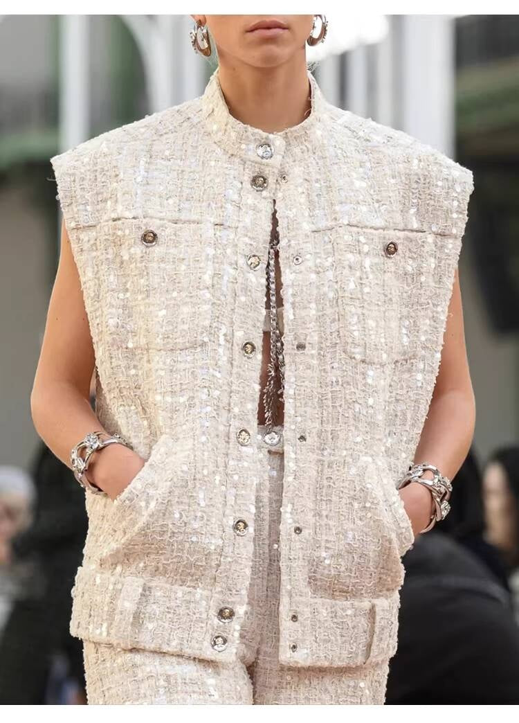 Spring Summer New Style Little  Suit Vest Jacket Waistcoat Mid-Length Wide-Leg Pants Sequin Tweed Socialite Two-Piece Set