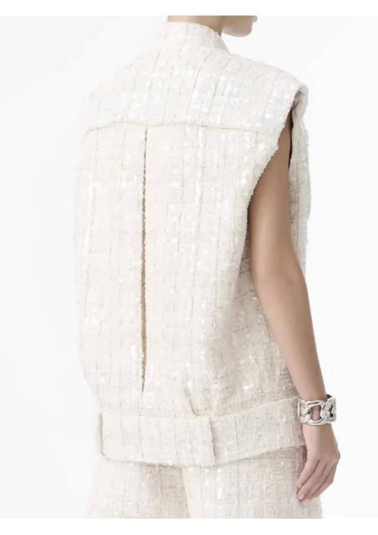 Spring Summer New Style Little  Suit Vest Jacket Waistcoat Mid-Length Wide-Leg Pants Sequin Tweed Socialite Two-Piece Set