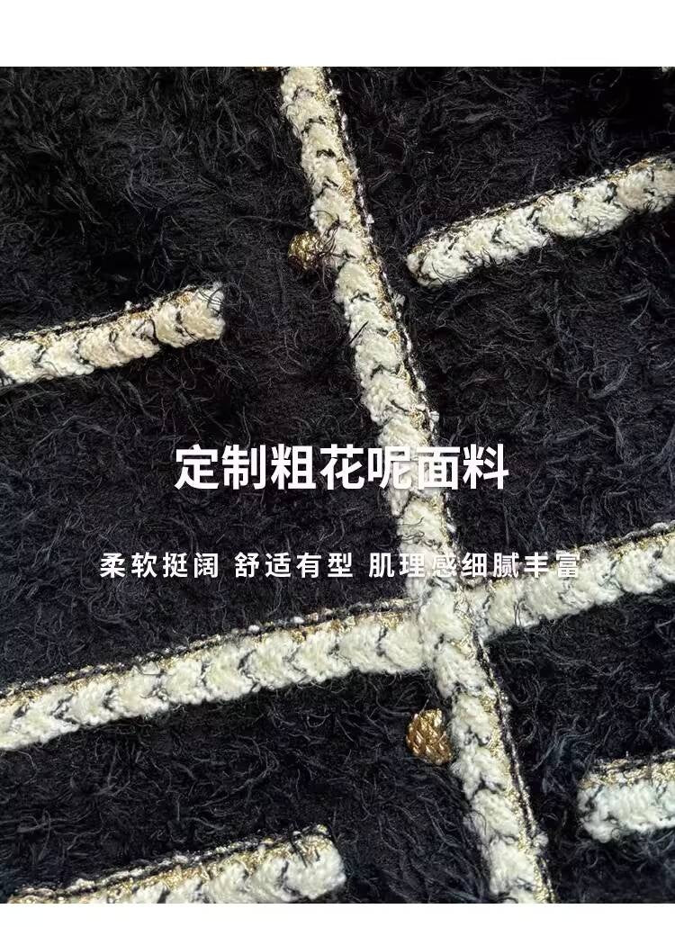 Wool Tweed Coat Women's Dress Black Gold Button Color-Block Suit Slimming Fashion Rich Girl Style