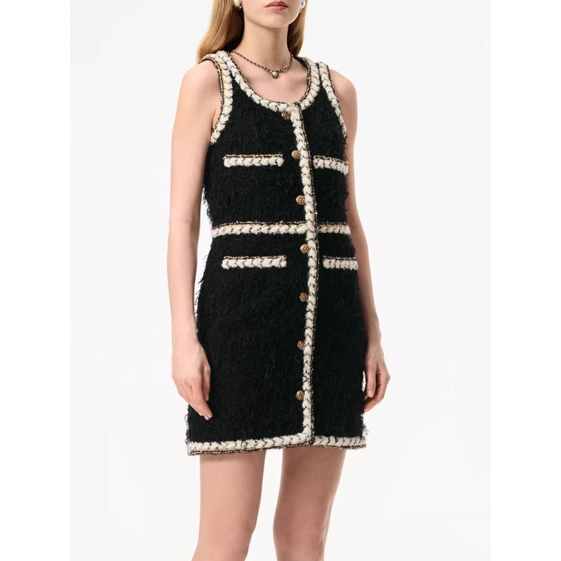 Wool Tweed Coat Women's Dress Black Gold Button Color-Block Suit Slimming Fashion Rich Girl Style