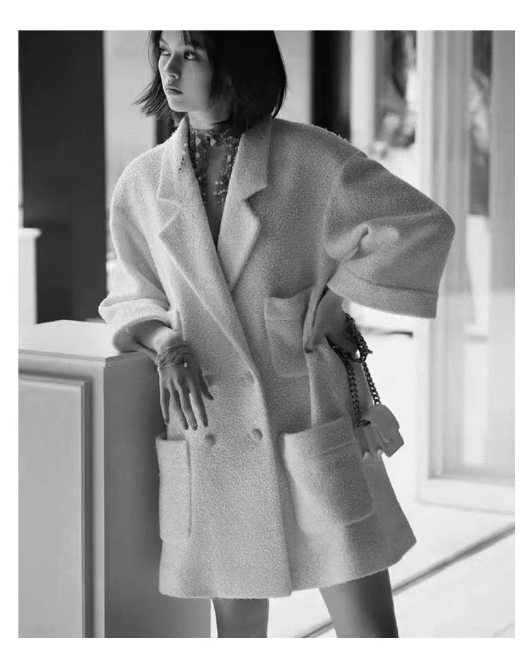 Shiny Silk  Style Coat for Women, Socialite Autumn Winter New Black Loose Blazer, Thickened Mid-Length Tweed Overcoat