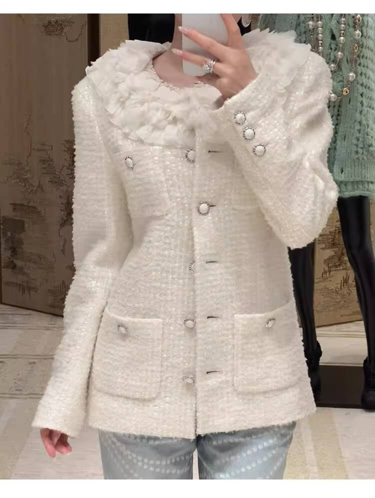 Style White Tweed Suit for Women, Autumn Winter, Socialite Jacket Shorts, Slimming and Elegant High-End Women's Clothing