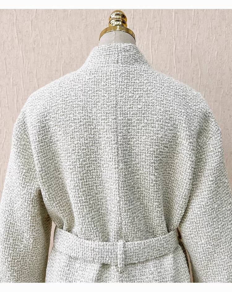 Autumn Winter New Off-White Wool Coat Wide-Leg Bathrobe Tweed Top Pants Socialite Celebrity Style Set