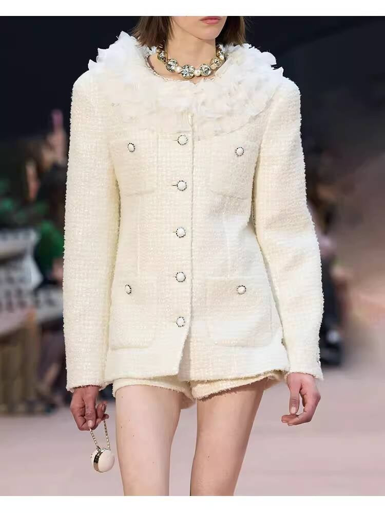 Style White Tweed Suit for Women, Autumn Winter, Socialite Jacket Shorts, Slimming and Elegant High-End Women's Clothing