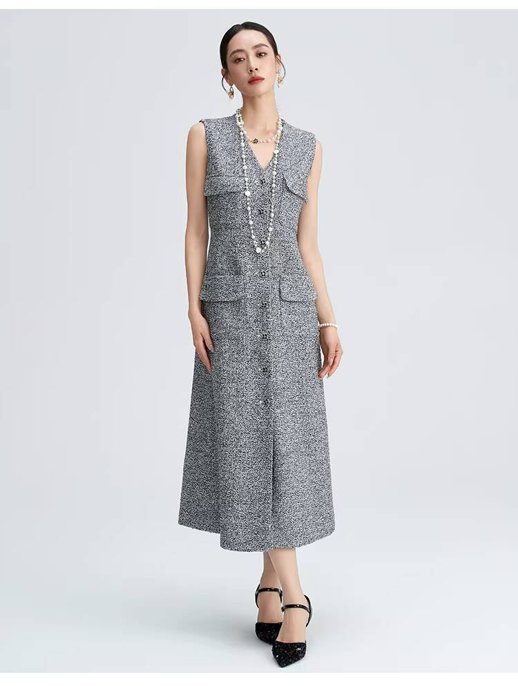 Spring Summer Little  Style Women Mid-Length High-End Modern Gray Slim Fit Tweed Vest Dress Women's Clothing