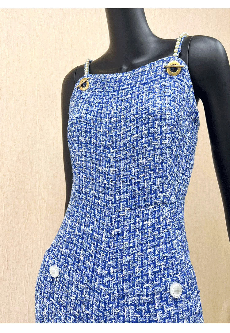 High-End -Style Jumpsuit for Women, Blue Spring and Autumn Strap Jumpsuit, Wide-Leg Long Pants, Tweed Unique Women's Clothing