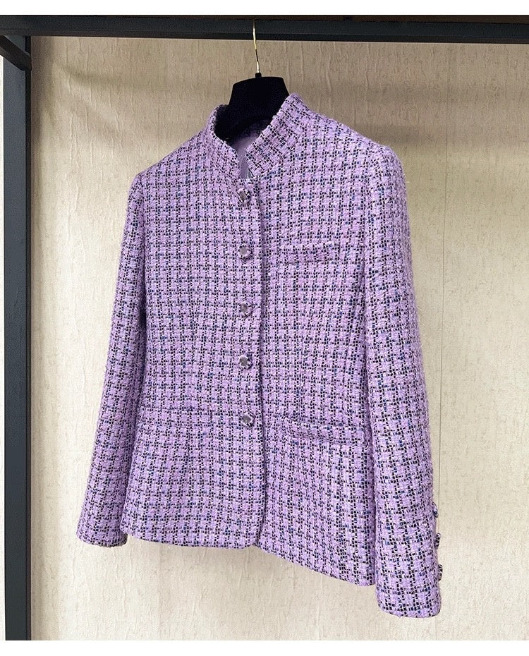 Autumn Winter New High-End Little  Style Wool Coat for Women Purple Plaid Soft Tweed Small Stand Collar Top Socialite Women's Clothing