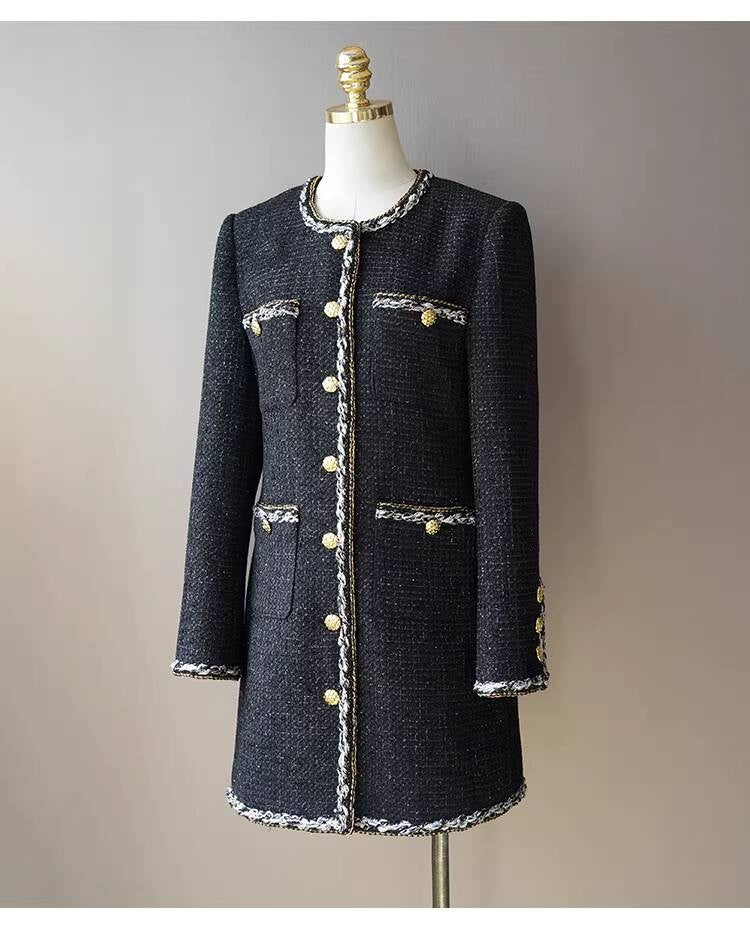 Little  Black Long Style Elegant Coat for Women Mid-Length Metal Buckle Decorated Wool Tweed