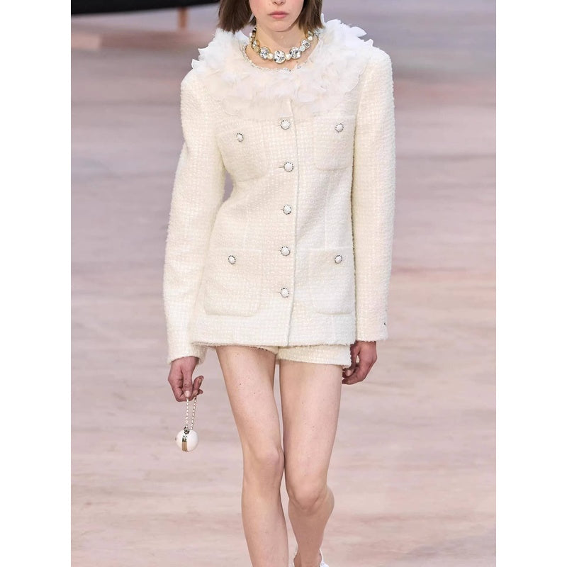Style White Tweed Suit for Women, Autumn Winter, Socialite Jacket Shorts, Slimming and Elegant High-End Women's Clothing