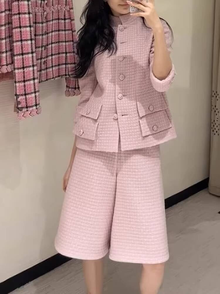 Spring and Autumn Little  Style Socialite Elegant Suit Women's Coat Wide-Leg Mid-Length Pants Wool Tweed High-End Pink Two-Piece Set