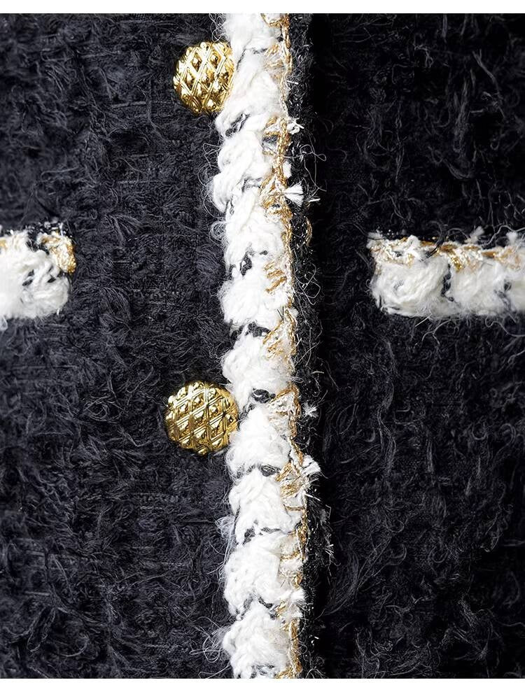 Wool Tweed Coat Women's Dress Black Gold Button Color-Block Suit Slimming Fashion Rich Girl Style