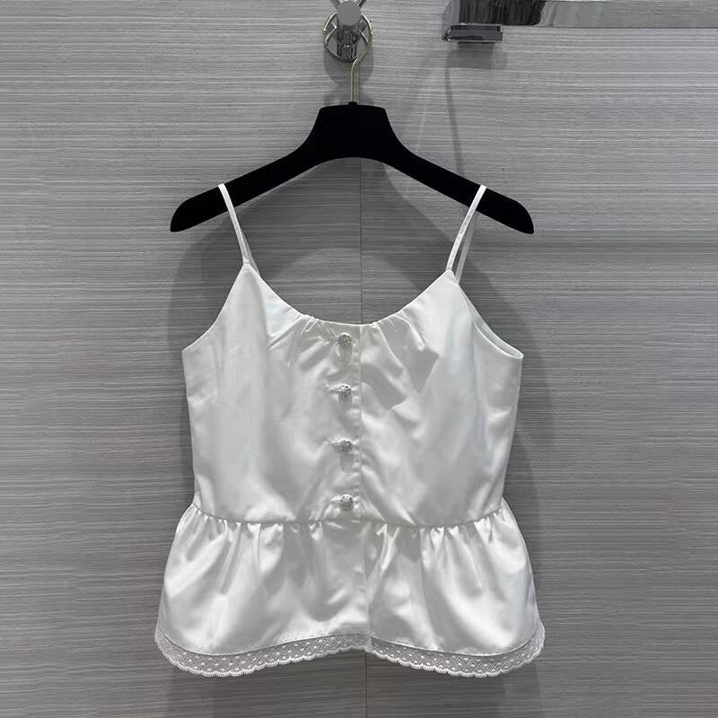 Summer New Little  Style Camisole for Women, Waist-Cinching, Slimming, Age-Reducing, Versatile Lace Trim, Pearl Dot Rhinestone Buckle Small Vest