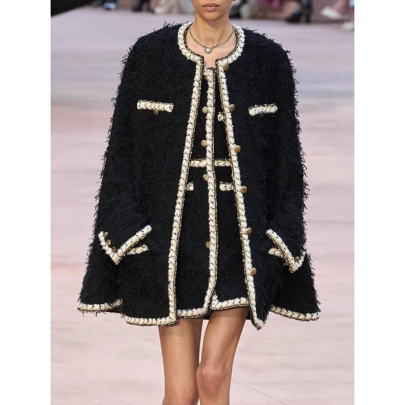 Wool Tweed Coat Women's Dress Black Gold Button Color-Block Suit Slimming Fashion Rich Girl Style