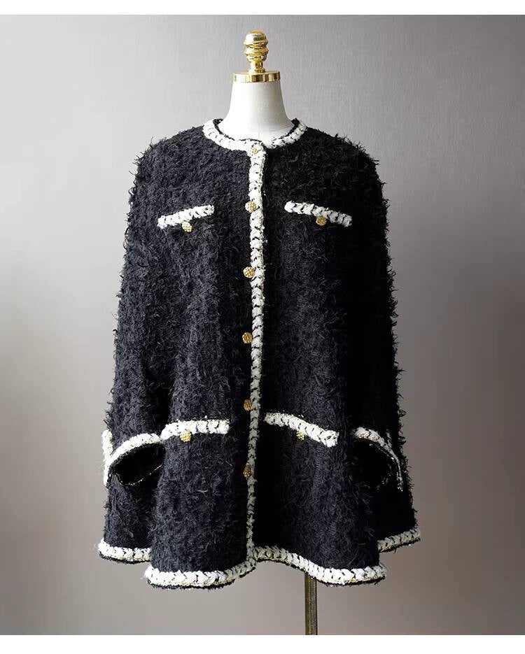 Wool Tweed Coat Women's Dress Black Gold Button Color-Block Suit Slimming Fashion Rich Girl Style