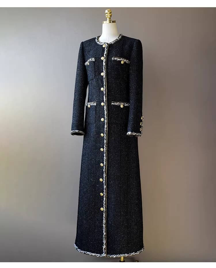 Little  Black Long Style Elegant Coat for Women Mid-Length Metal Buckle Decorated Wool Tweed