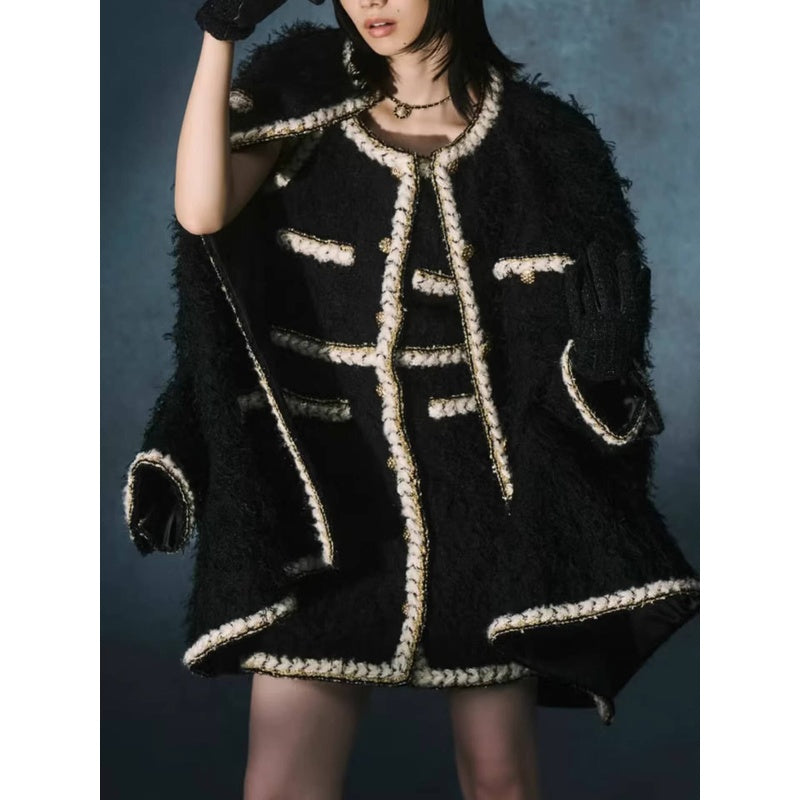Wool Tweed Coat Women's Dress Black Gold Button Color-Block Suit Slimming Fashion Rich Girl Style