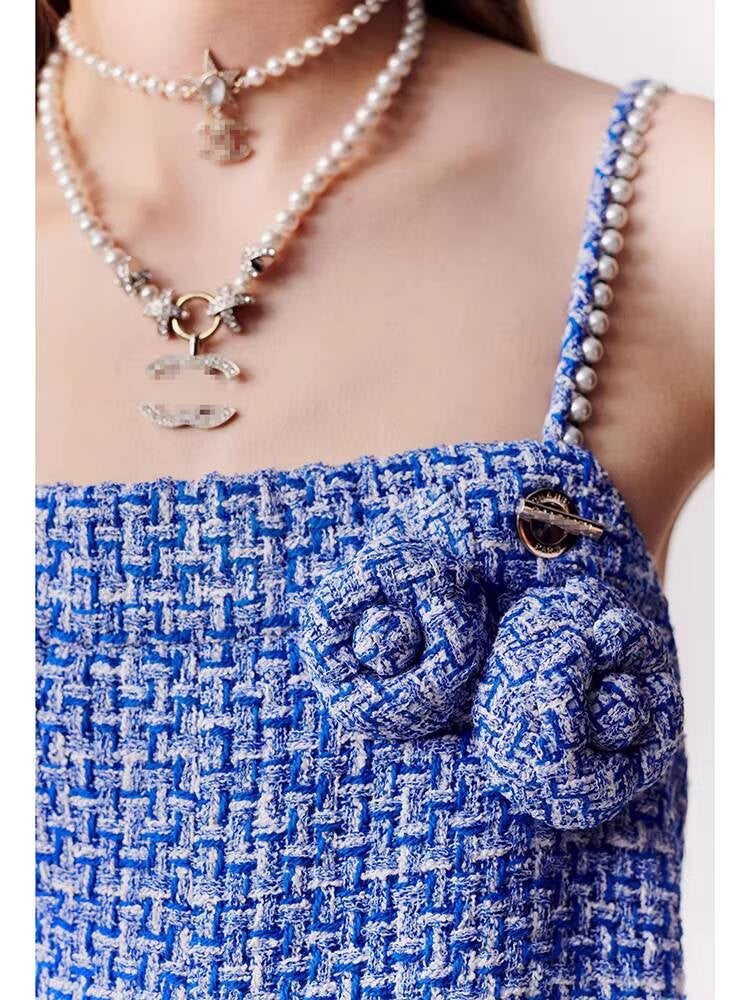 High-End -Style Jumpsuit for Women, Blue Spring and Autumn Strap Jumpsuit, Wide-Leg Long Pants, Tweed Unique Women's Clothing