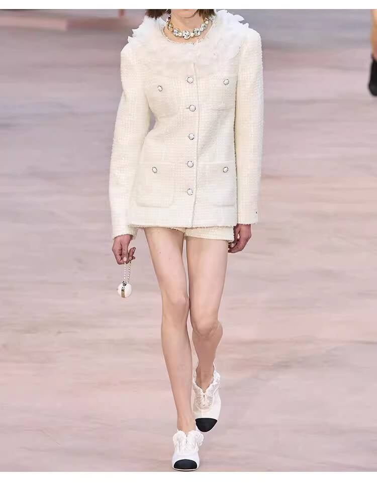 Style White Tweed Suit for Women, Autumn Winter, Socialite Jacket Shorts, Slimming and Elegant High-End Women's Clothing