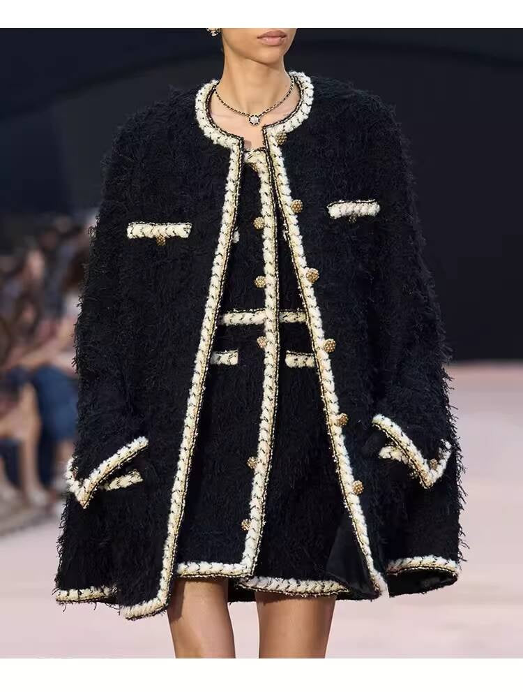 Wool Tweed Coat Women's Dress Black Gold Button Color-Block Suit Slimming Fashion Rich Girl Style