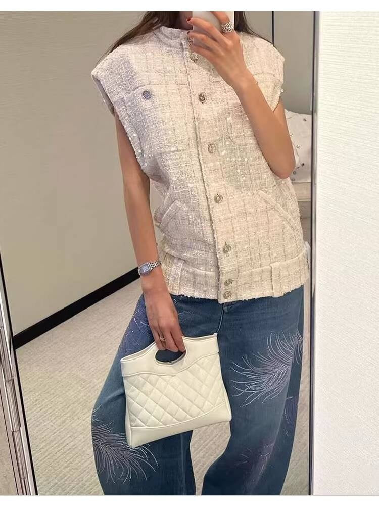 Spring Summer New Style Little  Suit Vest Jacket Waistcoat Mid-Length Wide-Leg Pants Sequin Tweed Socialite Two-Piece Set