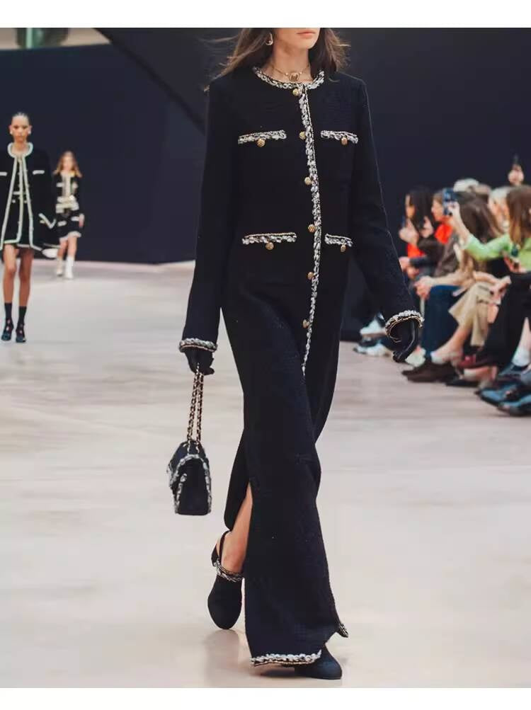 Little  Black Long Style Elegant Coat for Women Mid-Length Metal Buckle Decorated Wool Tweed