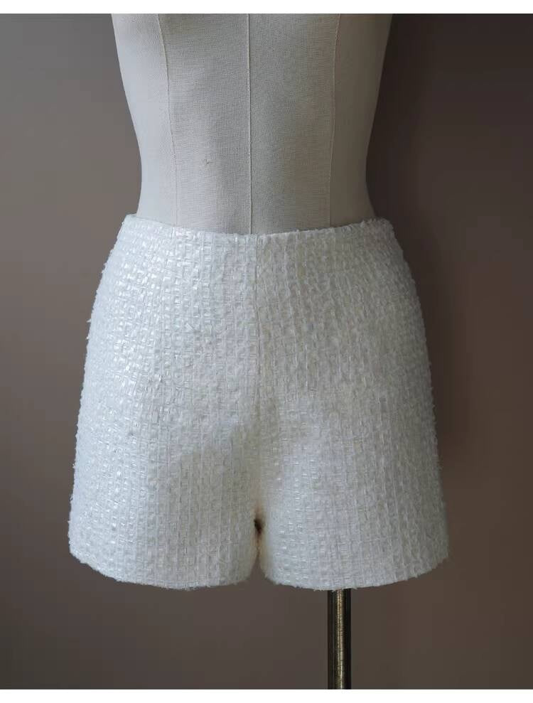 Style White Tweed Suit for Women, Autumn Winter, Socialite Jacket Shorts, Slimming and Elegant High-End Women's Clothing