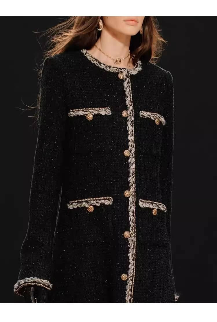 Little  Black Long Style Elegant Coat for Women Mid-Length Metal Buckle Decorated Wool Tweed