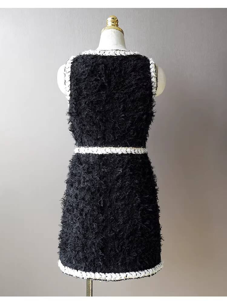 Wool Tweed Coat Women's Dress Black Gold Button Color-Block Suit Slimming Fashion Rich Girl Style
