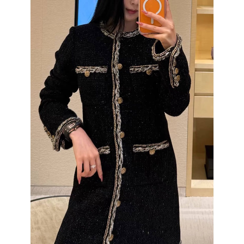 Little  Black Long Style Elegant Coat for Women Mid-Length Metal Buckle Decorated Wool Tweed