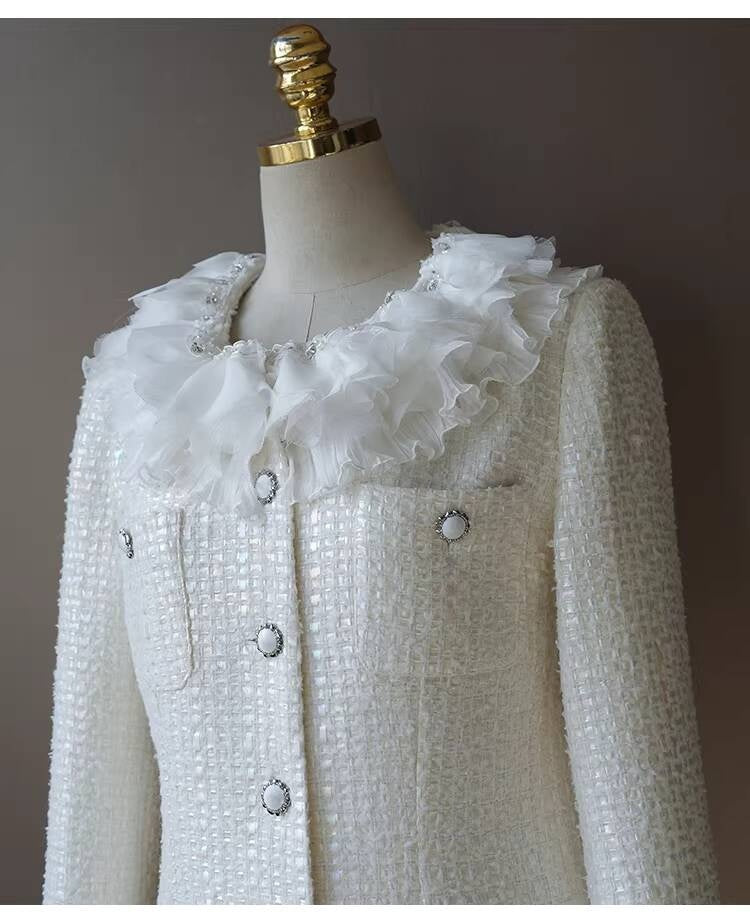 Style White Tweed Suit for Women, Autumn Winter, Socialite Jacket Shorts, Slimming and Elegant High-End Women's Clothing